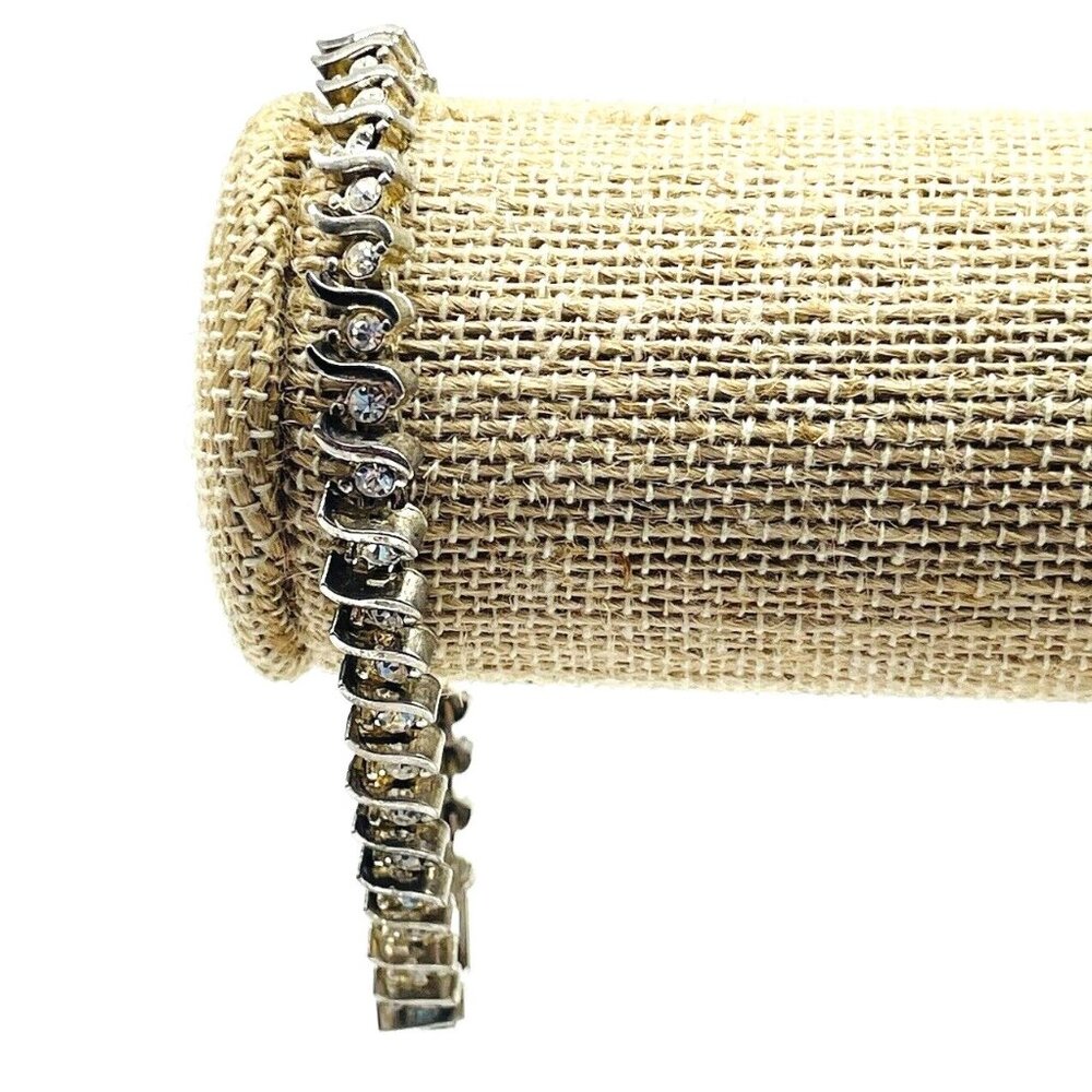 Vintage Rhinestone Tennis Bracelet Silver Tone S Link